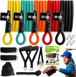 17pcs Baseball Arm Bands Training Kit - CEYOME (5pcs-5 Resistant Level) Baseball Bands, with Baseball Bat, Handles, Door Anchor, Ankle Strap and 4 Hooks, for Improve Arm Strength & Pitching Training