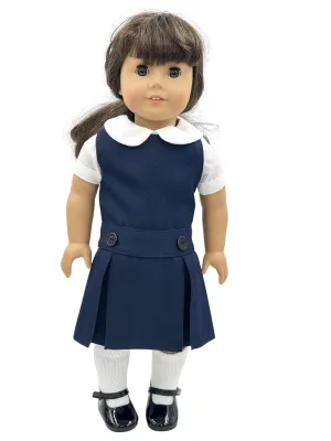 18 inch Doll Outfit-School Plaid Jumper include Blouse and Hair Accessory/Add on Option: Sock and Shoe (Doll is not included) (Dropped Waist Jumper,White Sock,Shiny Black Shoe, Solid Navy)