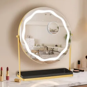 19" LED Vanity Mirror with Lights, LED Makeup Mirror, Smart Touch Control, 3-Color Dimmable Lighting, 360° Adjustable, with Storage Space Stand for Bedroom, Dressing Table, Gold