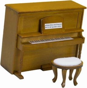 1:12 Scale Miniature Wooden Upright Piano with Stool Fairy Garden Realistic Life Scene Accessories Dollhouse Piano Small Piano Model, Walnut Color