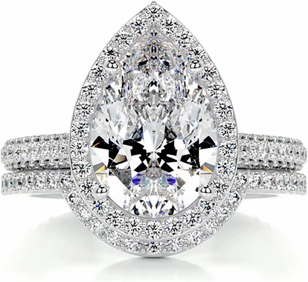 1-2 CT Center Moissanite Engagement Ring Sets, 10K/14K/18K Solid Gold Pear Cut Bridal Rings Set for Women Girlfriend Her Wedding Anniversary Size 4-12