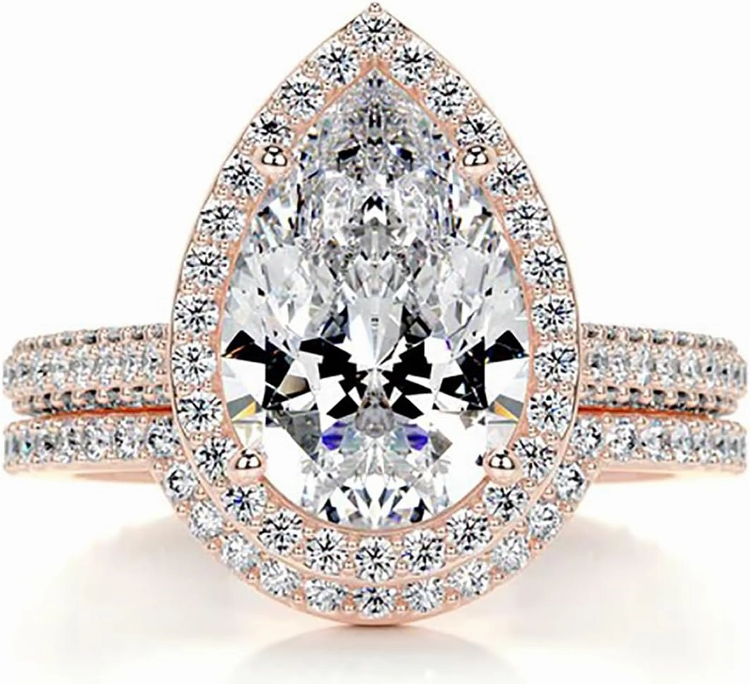 1-2 CT Center Moissanite Engagement Ring Sets, 10K/14K/18K Solid Gold Pear Cut Bridal Rings Set for Women Girlfriend Her Wedding Anniversary Size 4-12