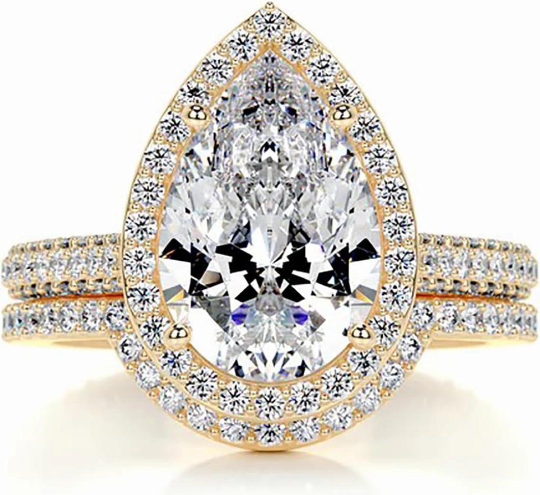 1-2 CT Center Moissanite Engagement Ring Sets, 10K/14K/18K Solid Gold Pear Cut Bridal Rings Set for Women Girlfriend Her Wedding Anniversary Size 4-12