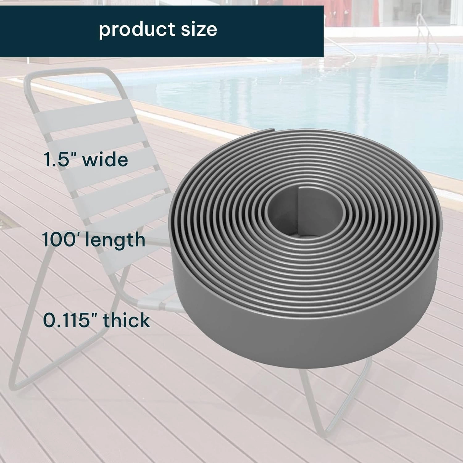 1.5 Inch Wide, 100ft Long Vinyl Strap - Replacement Straps for Patio Chairs - Vinyl Strapping for Patio Furniture Repair - Durable Seat Repair Kit for Lawn Chairs, Outdoor Furniture (Grey)
