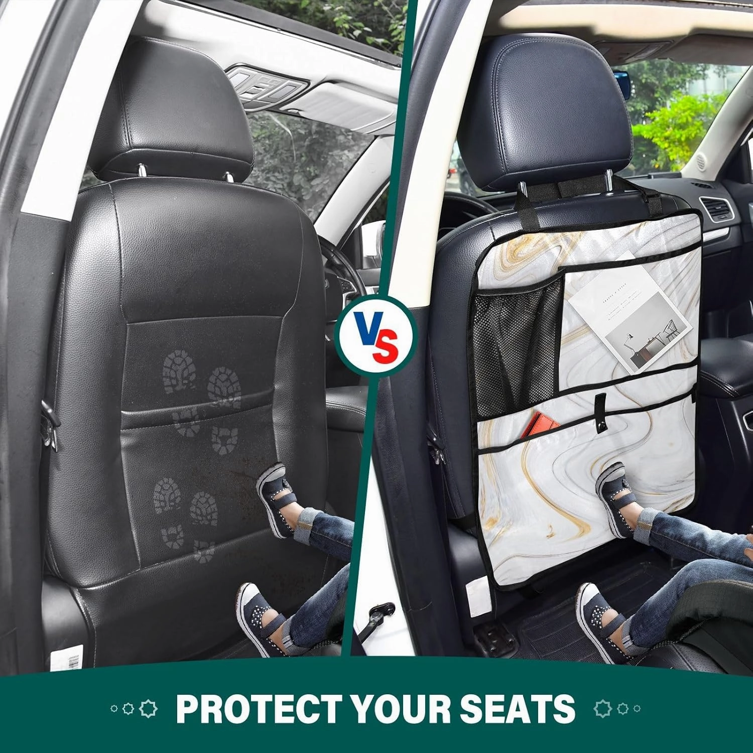1 PC Automotive Seat Back Protectors, Car Backseat Kick Mats Organizer Tablet Cup Storage Holder Multi-Pocket Accessories White Gold Gray Marble Ink Texture
