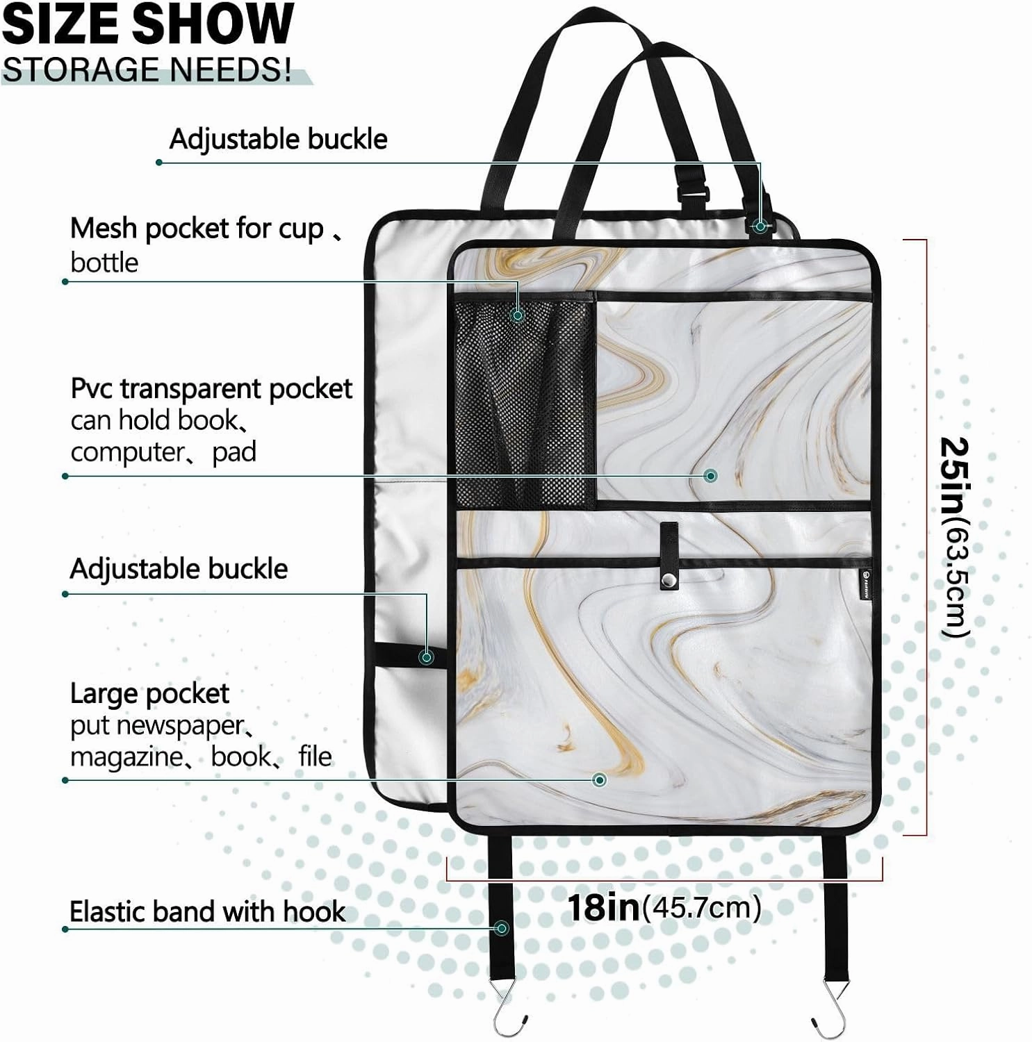 1 PC Automotive Seat Back Protectors, Car Backseat Kick Mats Organizer Tablet Cup Storage Holder Multi-Pocket Accessories White Gold Gray Marble Ink Texture