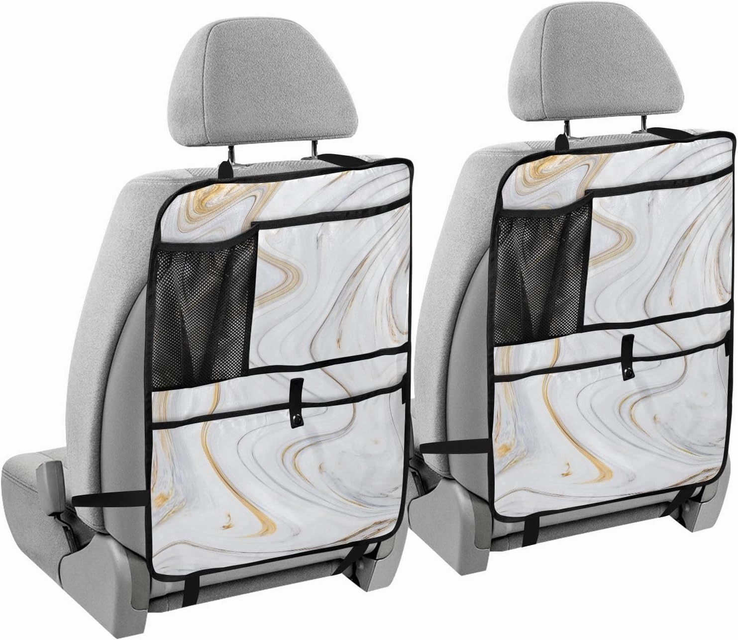 1 PC Automotive Seat Back Protectors, Car Backseat Kick Mats Organizer Tablet Cup Storage Holder Multi-Pocket Accessories White Gold Gray Marble Ink Texture