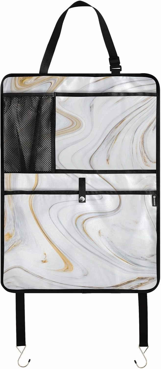 1 PC Automotive Seat Back Protectors, Car Backseat Kick Mats Organizer Tablet Cup Storage Holder Multi-Pocket Accessories White Gold Gray Marble Ink Texture