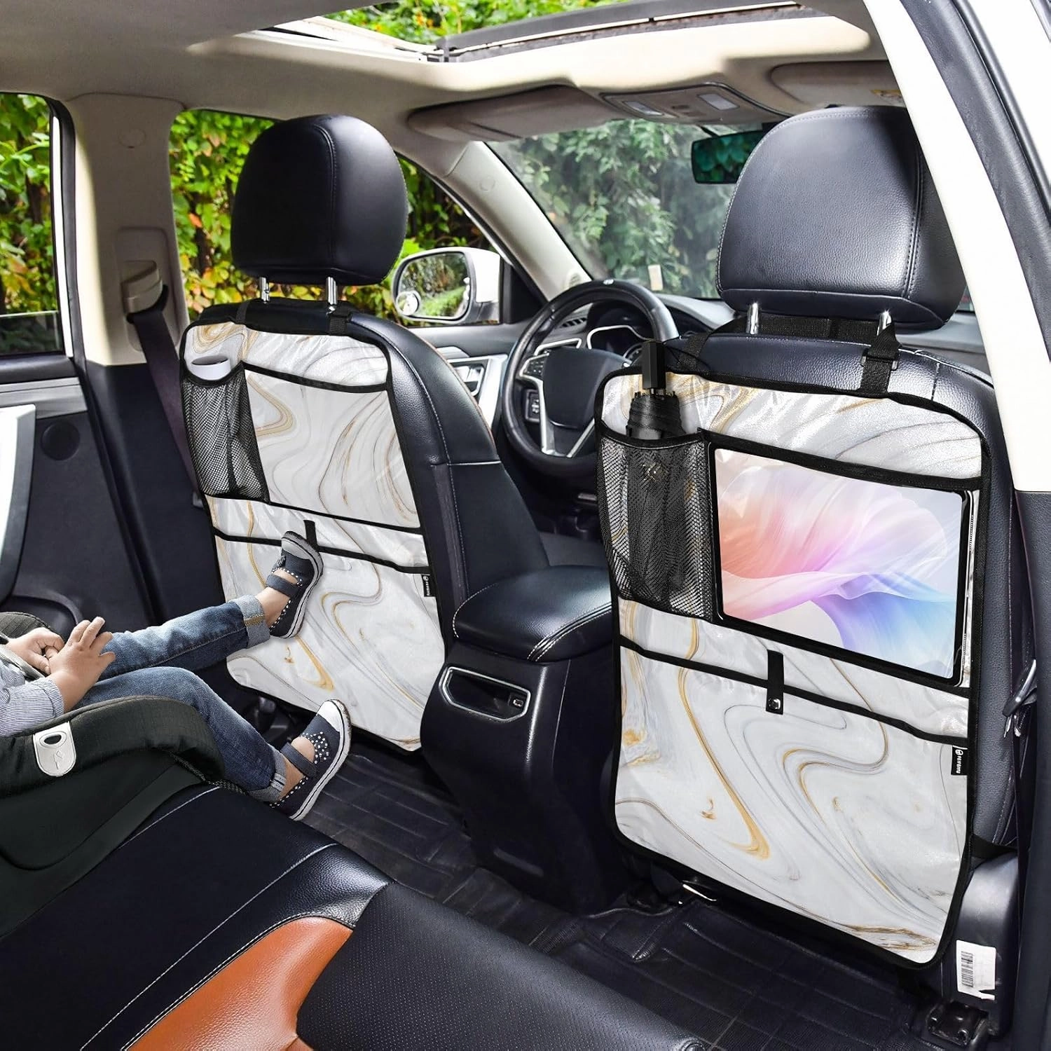 1 PC Automotive Seat Back Protectors, Car Backseat Kick Mats Organizer Tablet Cup Storage Holder Multi-Pocket Accessories White Gold Gray Marble Ink Texture