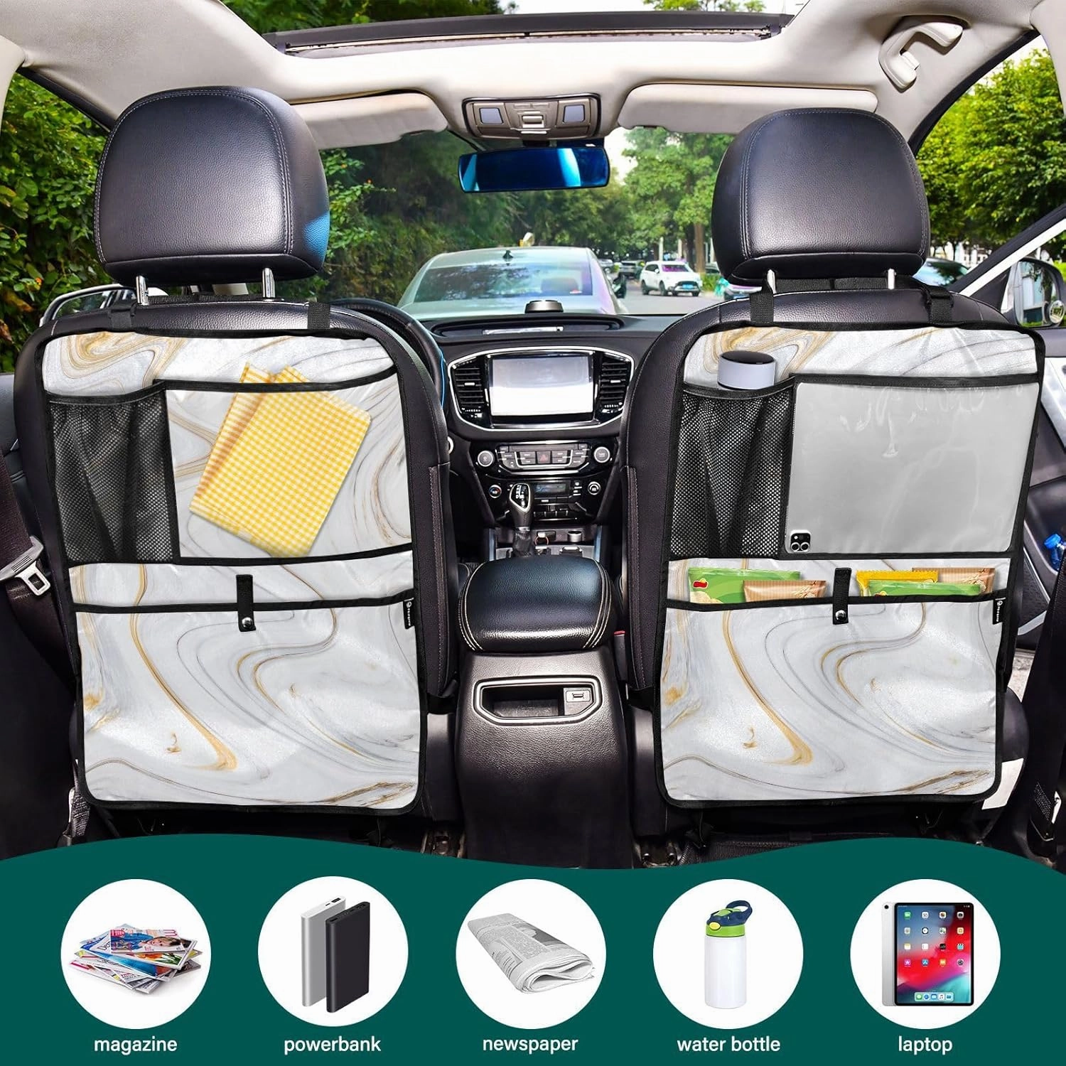1 PC Automotive Seat Back Protectors, Car Backseat Kick Mats Organizer Tablet Cup Storage Holder Multi-Pocket Accessories White Gold Gray Marble Ink Texture