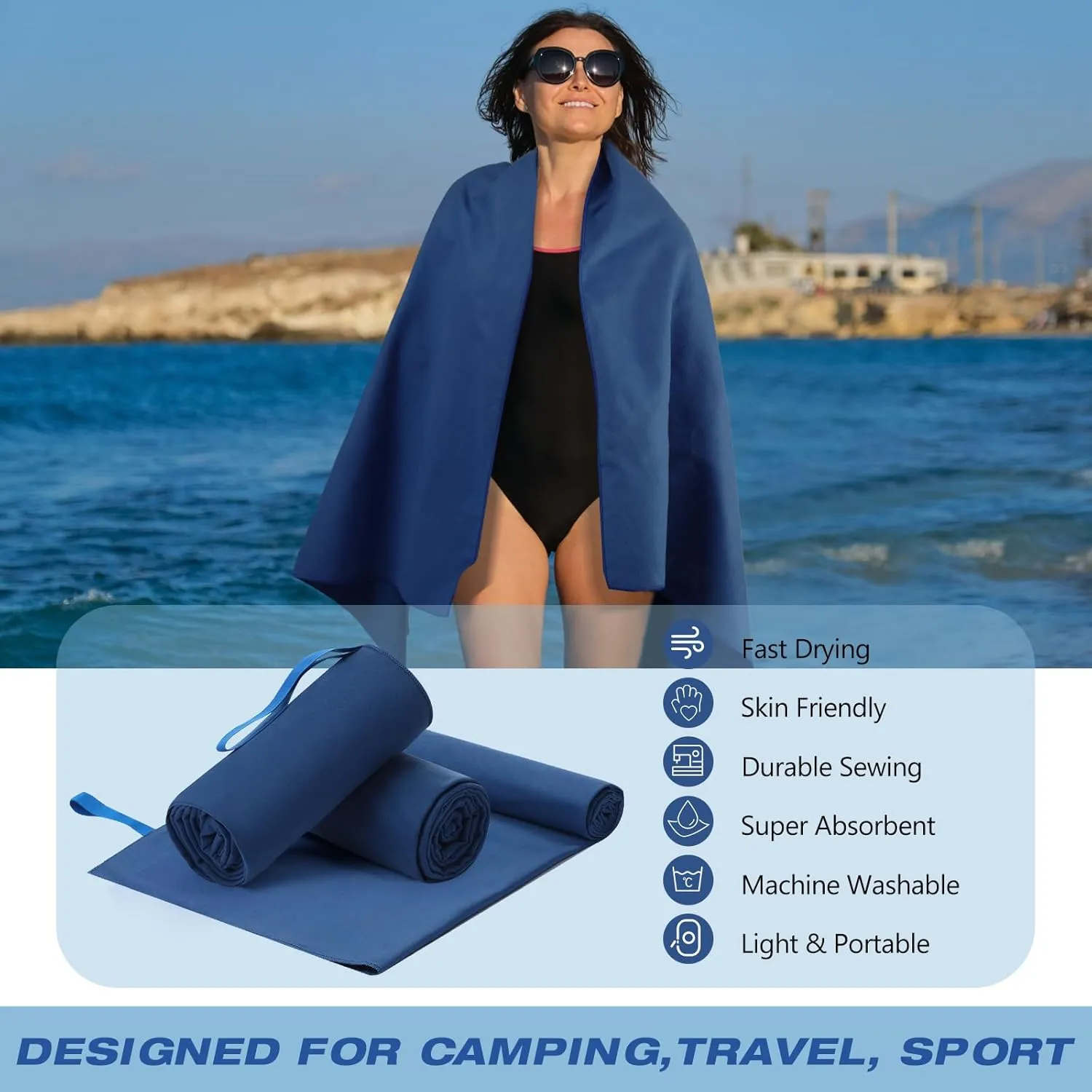 2 Pack Microfiber Travel Towel, Ultra Absorbent Quick Dry Towel, 60 x 30 Inch Lightweight Sports Camping Accessories for Gym, Workout, Yoga, Beach, Shower, Swimming