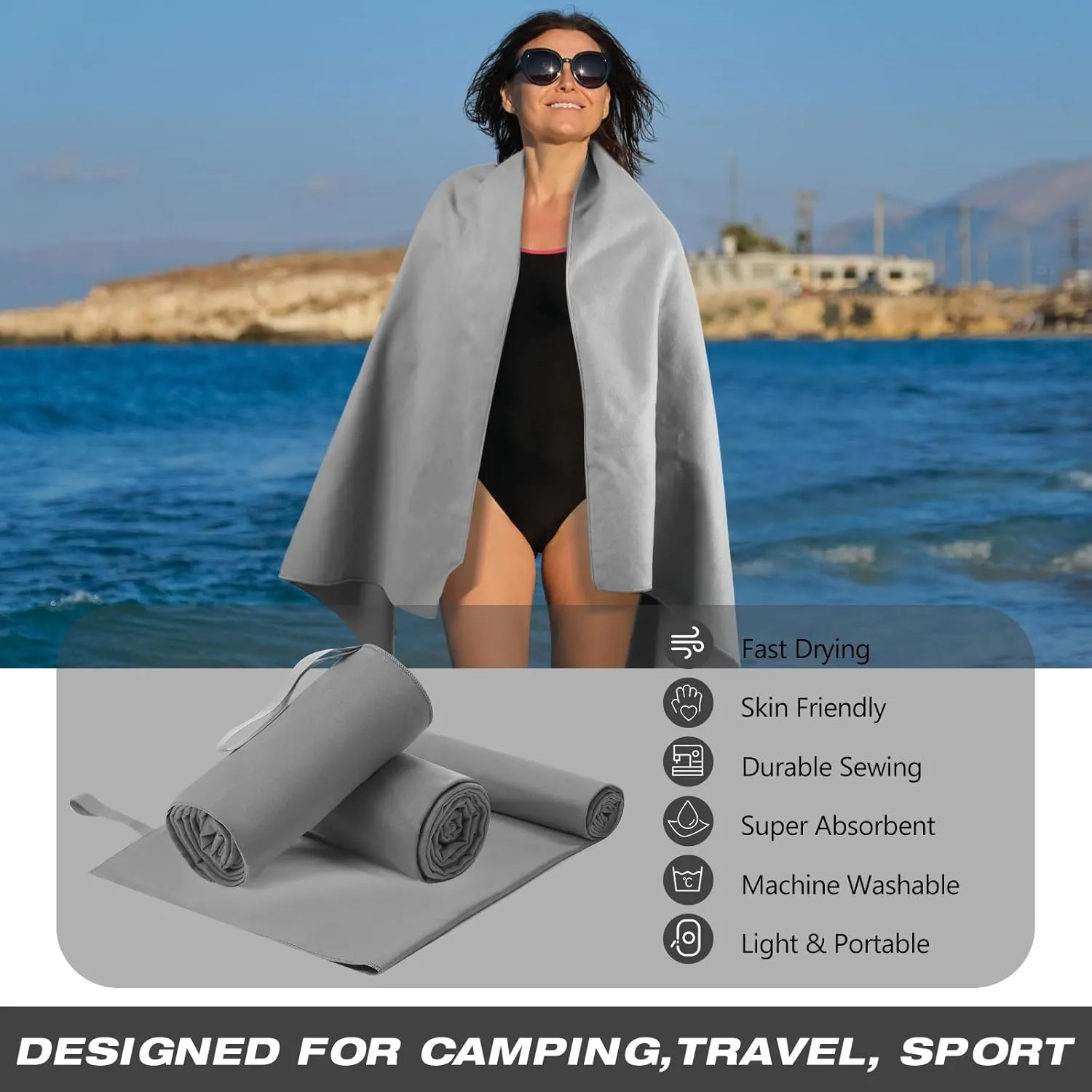 2 Pack Microfiber Travel Towel, Ultra Absorbent Quick Dry Towel, 60 x 30 Inch Lightweight Sports Camping Accessories for Gym, Workout, Yoga, Beach, Shower, Swimming
