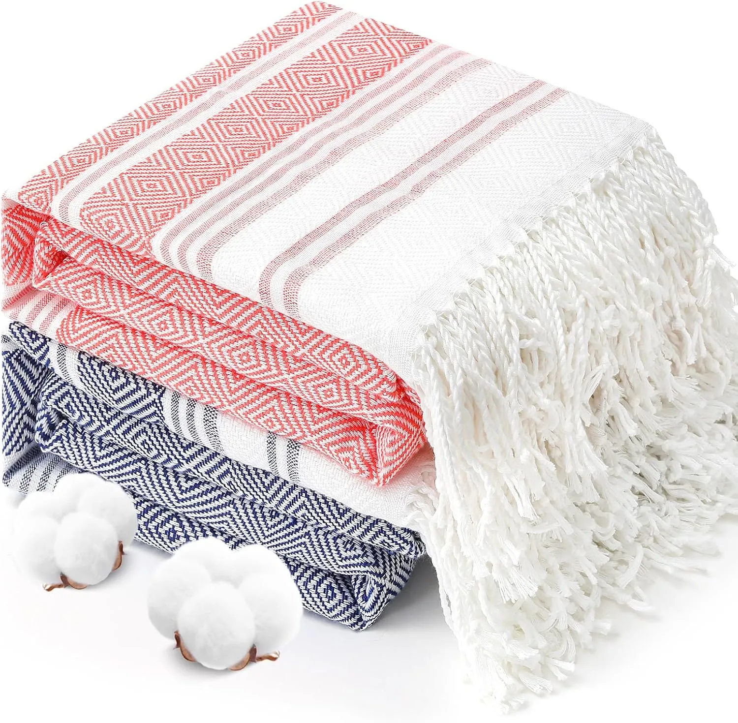 2 Packs Oversized Cotton Turkish Beach Towels Set Bulk 74"x38" Extra Large Sand Free Quick Dry Clearance Swim Bath Camping Pool Towel Travel Blanket Adult Cruise Essentials Accessories Deep Blue Red
