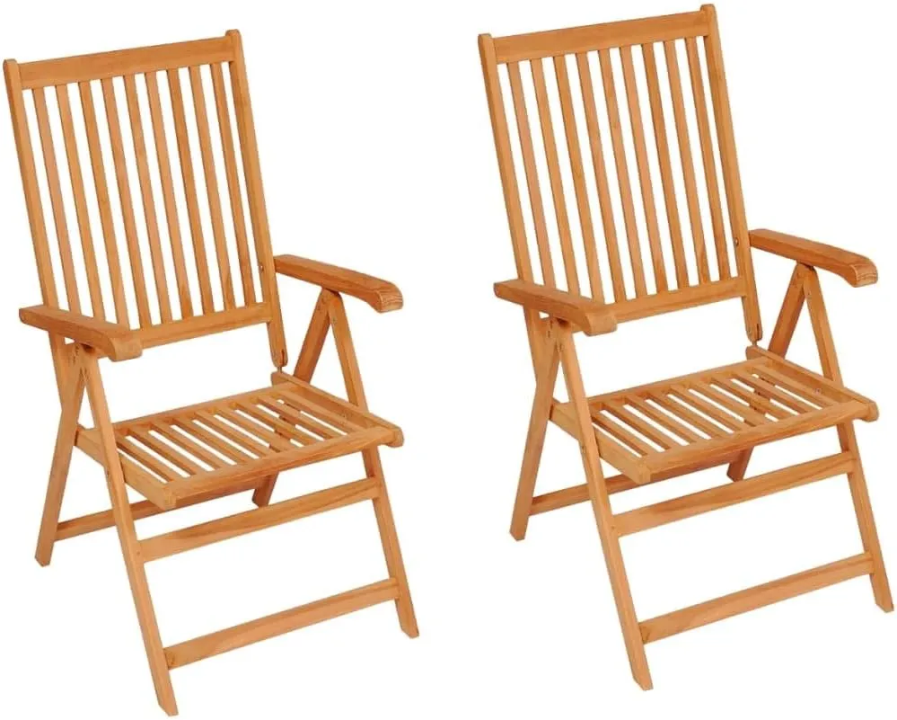 2 Pcs Patio Chairs with Gray Cushions Solid Teak Wood Foldable Reclining Outdoor Lounge Chairs for Garden Backyard Poolside