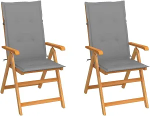2 Pcs Patio Chairs with Gray Cushions Solid Teak Wood Foldable Reclining Outdoor Lounge Chairs for Garden Backyard Poolside