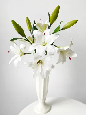 2 Pcs White Stargazer Lily Artificial Flowers, 28" Long Stem Faux Latex Tiger Lily for Home Garden Kitchen Table Flower Arrangement Decor