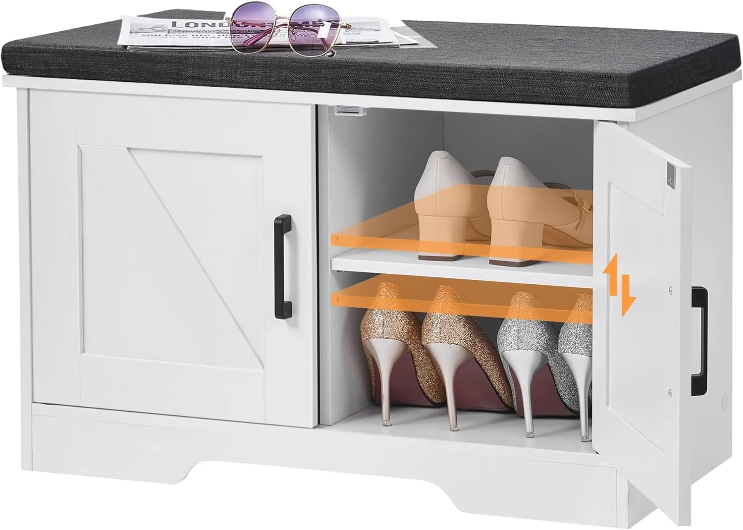 2-Tier Storage Bench, Shoe Bench with Padded Seat Cushion, Entryway Bench with 2 Barn Doors, Adjustable Shelf, 13.8" D x 27.6" W x 17.7" H, for Entryway, Living Room, Bedroom, White
