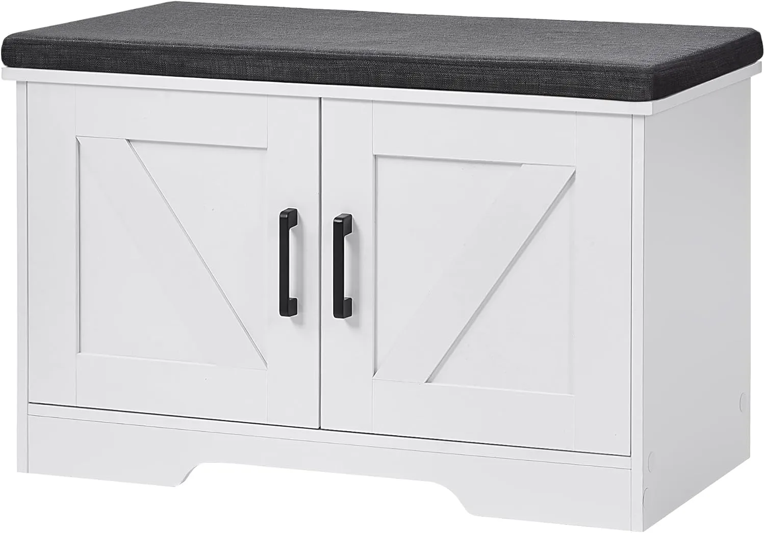2-Tier Storage Bench, Shoe Bench with Padded Seat Cushion, Entryway Bench with 2 Barn Doors, Adjustable Shelf, 13.8" D x 27.6" W x 17.7" H, for Entryway, Living Room, Bedroom, White