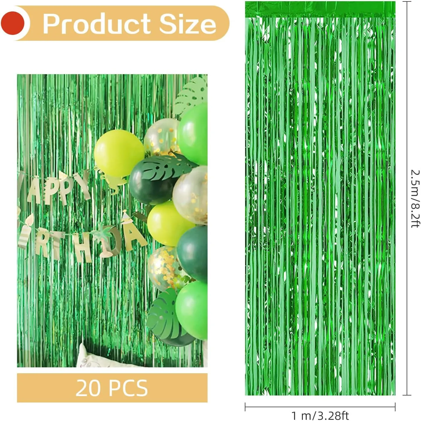20 Pack Green Metallic Tinsel Foil Fringe Curtains - 3.2ft by 8.2ft Each - Set of 20 Streamers for Birthday Party Decorations