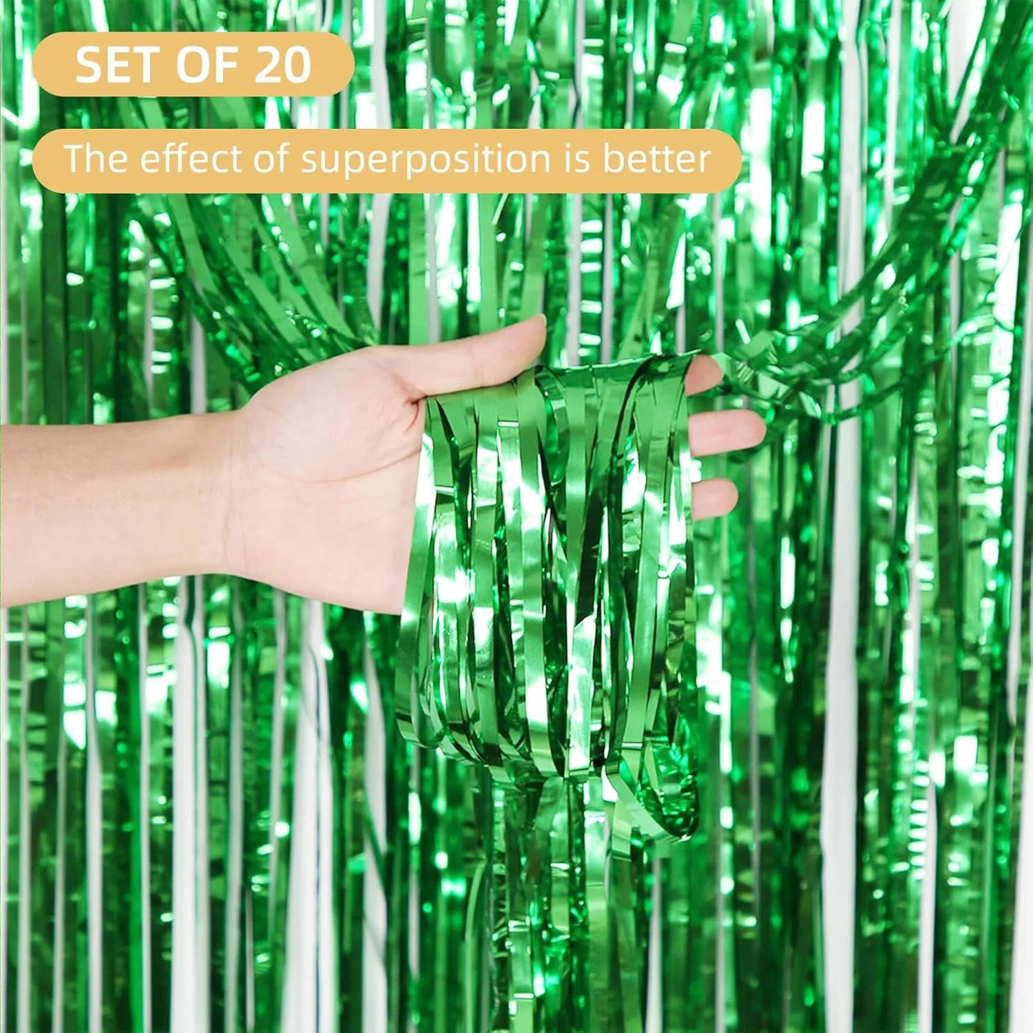 20 Pack Green Metallic Tinsel Foil Fringe Curtains - 3.2ft by 8.2ft Each - Set of 20 Streamers for Birthday Party Decorations