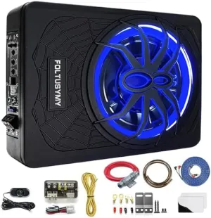 2025 Upgraded 10" 1200W Car Subwoofer, Slim Under Seat Powered Car Subwoofer, High/Low Level Input, Car/Truck Audio Sub Built-in Amplifier, with Blue LED Light