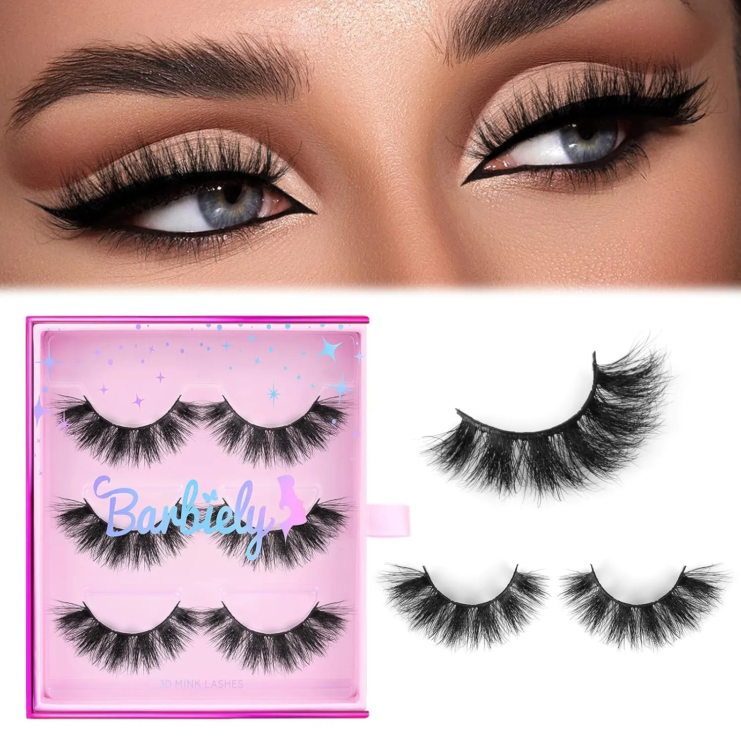 20mm False Eyelashes, 3D Real Mink Lashes, 3 Pairs Doll-Eye Lashes, Fluffy Dramatic Mink Eyelashes, 6D Long Thick Full Volume Fake Eyelashes, Soft Reusable Strip Eye Lashes (Libra)