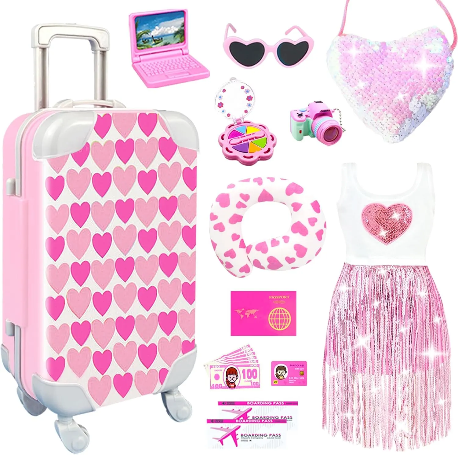 20Pcs 18 Inch Girl Doll Accessories Case Luggage Travel Play Set with Clothes, Bag, Travel Pillow, Glasses, Computer, Pretend Makeup Toy, Stuff for 18 Inch Doll - Christmas Birthday Gift