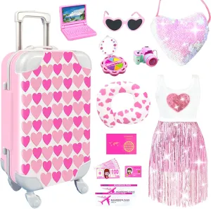20Pcs 18 Inch Girl Doll Accessories Case Luggage Travel Play Set with Clothes, Bag, Travel Pillow, Glasses, Computer, Pretend Makeup Toy, Stuff for 18 Inch Doll - Christmas Birthday Gift