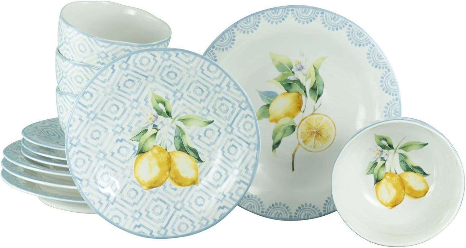 21951 Lemoncello Series 12-Piece Crockery Set for 4 People, Stoneware Dinner Service, Dishwasher and Microwave Safe, Quality Production