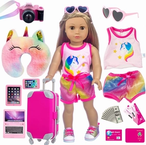 23 Pcs American 18 inch Doll Clothes and Accessories - Suitcase Luggage , Pillow, Sunglasses, Camera, Passport, Mobile Phone , Computer Doll Travel Gear Play Set (No Doll)