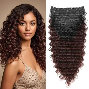 24 Inch Deep Wave Clip In Hair Extension Human Hair Feeling Double Weft Hairpiece Synthetic For Women Thick Ombre Hair Extension Clips Natural Looking(T1B/33)