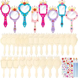 24 Pack Wooden Mirror Craft for Girls DIY Decorate You Own Princess Wooden Hand Small Mirrors for Crafts Paint Princess Party Decorations Birthday Supplies Favors
