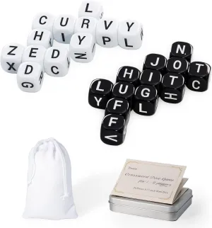 24 Pcs The Crossword Solitaire Game in Black & White with Tin Box & Velvet Bag, Large Spelling Letter Dice Game for Adults, Travel & Game Night