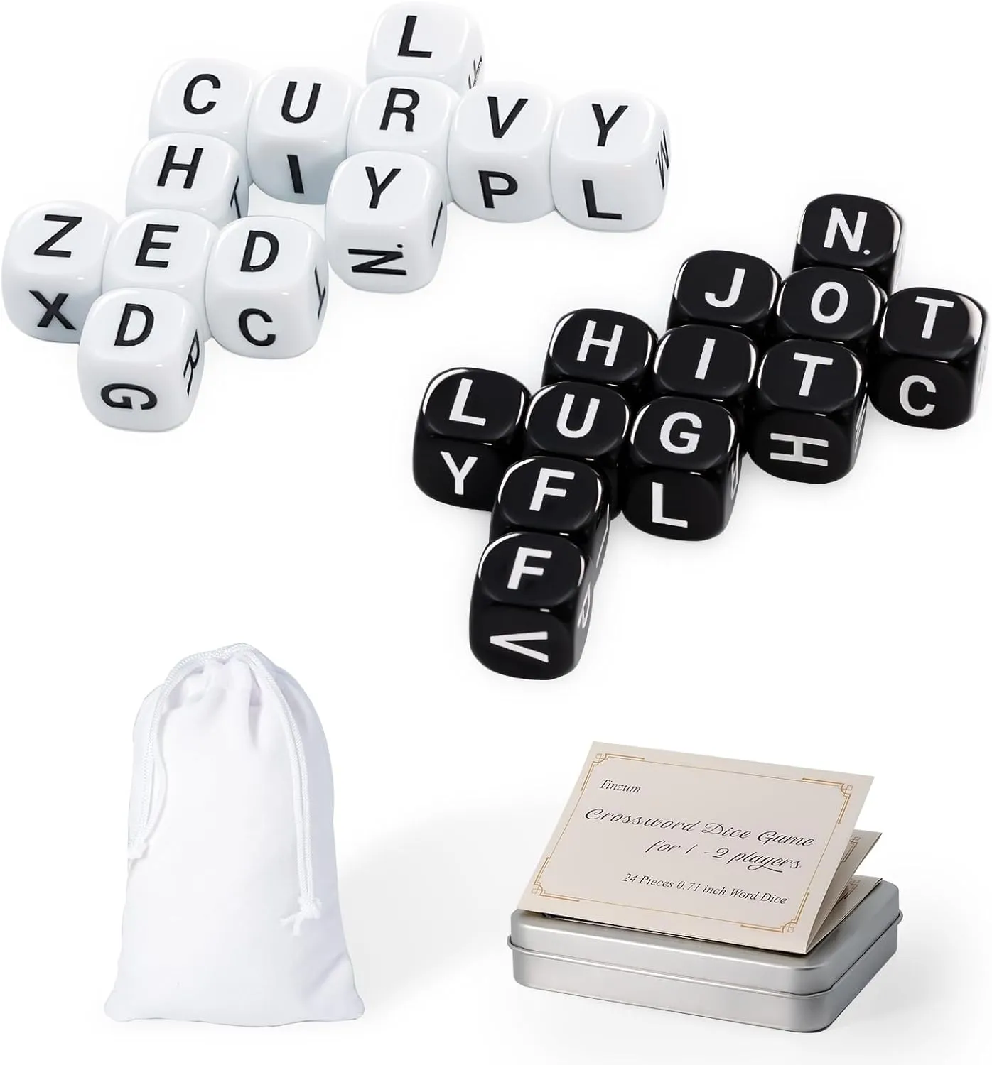 24 Pcs The Crossword Solitaire Game in Black & White with Tin Box & Velvet Bag, Large Spelling Letter Dice Game for Adults, Travel & Game Night