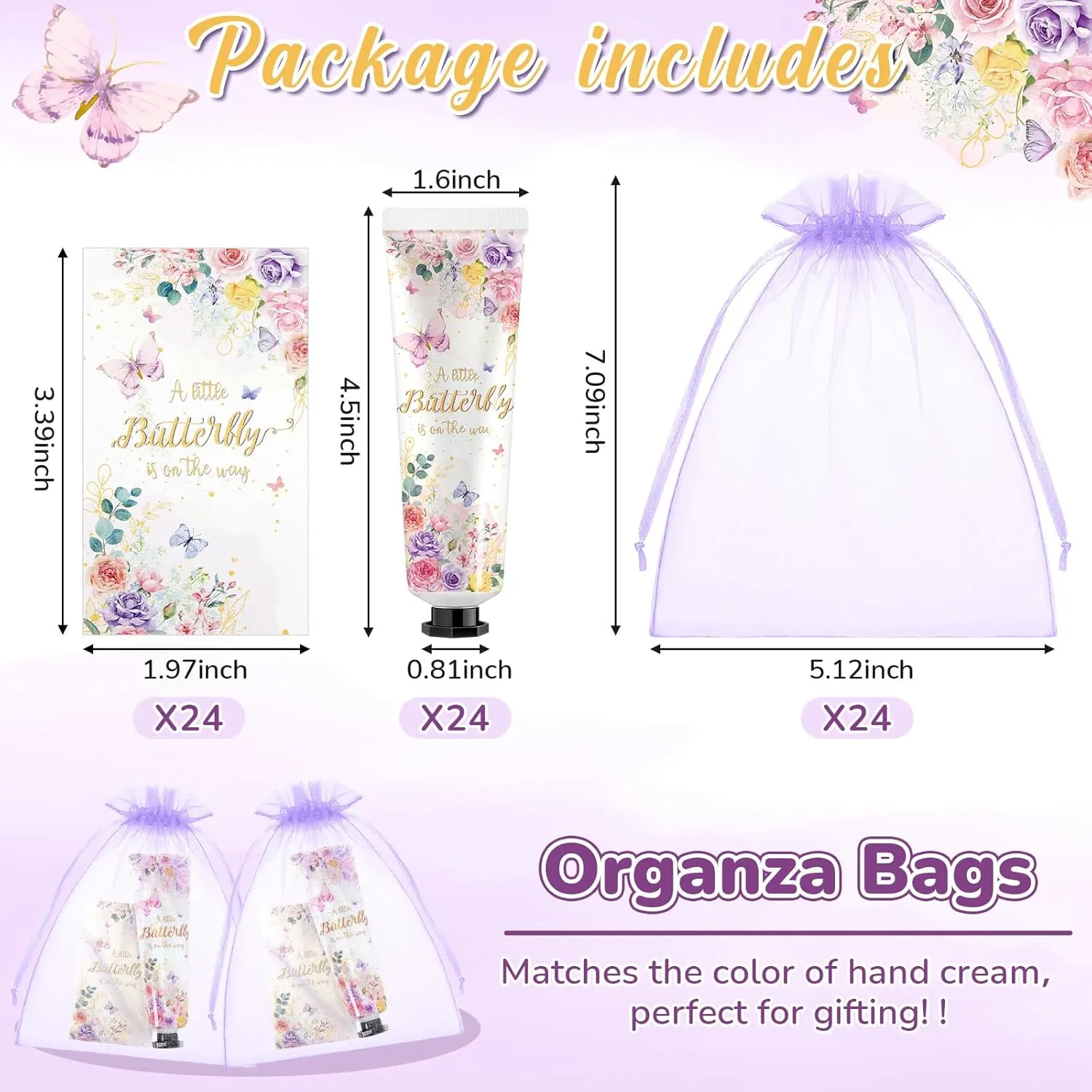 24 Sets Baby Shower Hand Cream Bulk Shower Butterfly Favors Bridal Thank You Appreciation Hand Cream for Guests Travel Size Lotion with Organza Bags