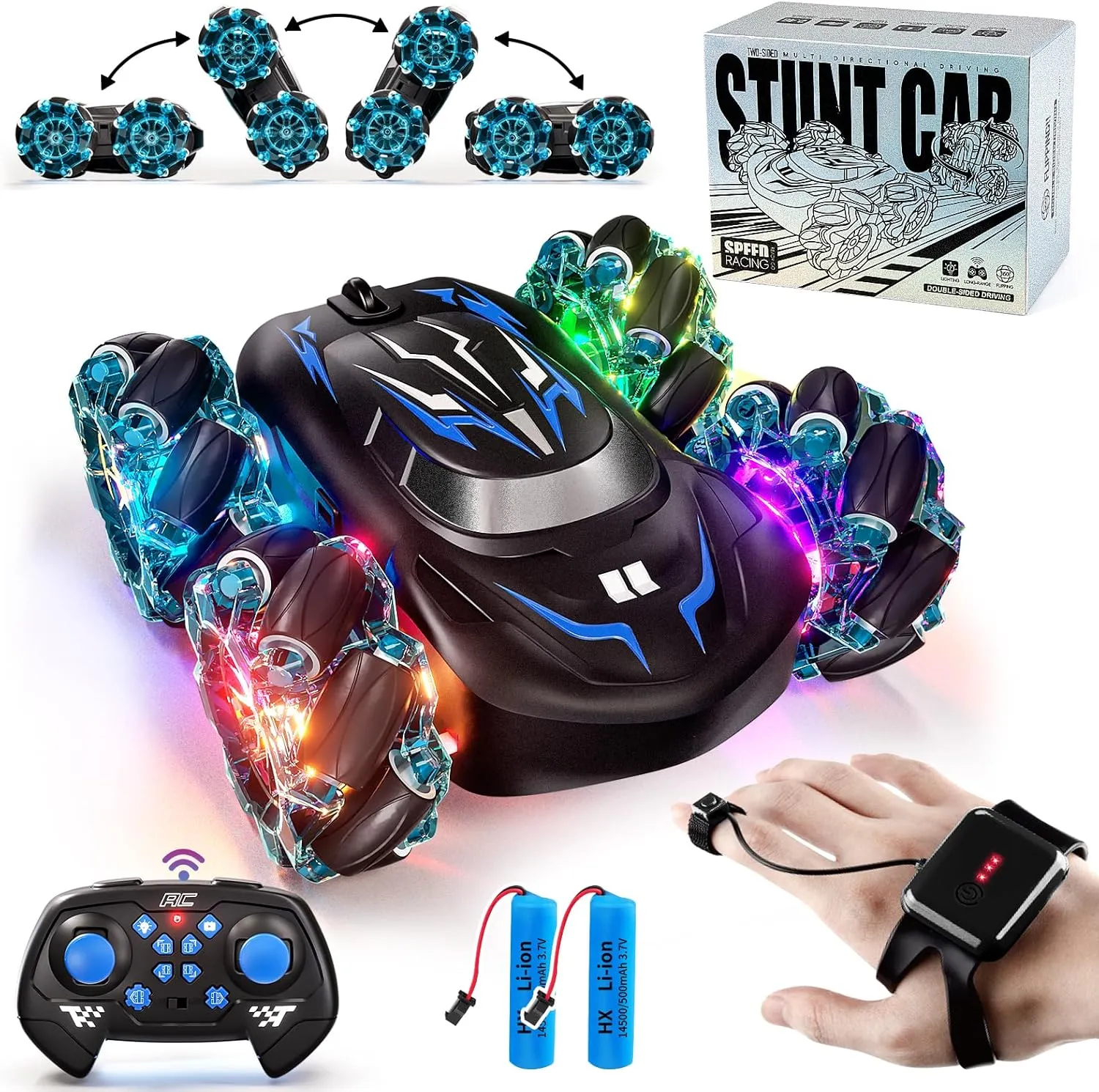 2.4GHz RC Stunt Car,4WD Double-Sided Gesture Sensing RC Cars,360°Flips Remote Control Car with Lights and Music for Boys Kids Birthday Gifts Age 6-12 Year Old (Blue