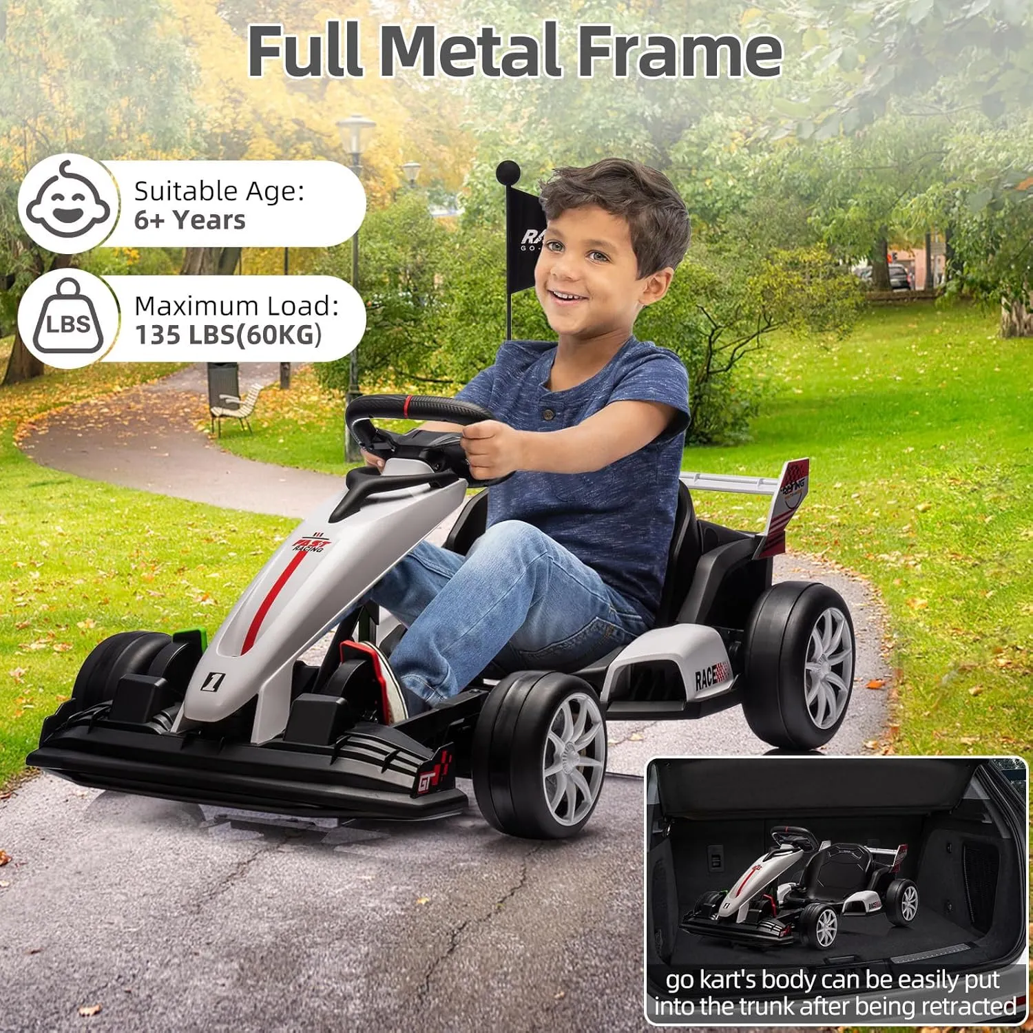 24V Kids Ride on Go Kart, 7.5mph Variable High Speed Drifting Car, 7ah Battery 200W*2 Motors,Length Ajustable Max Load 135lbs, Power Display Racing Toy for for Kids Child 6 ,White
