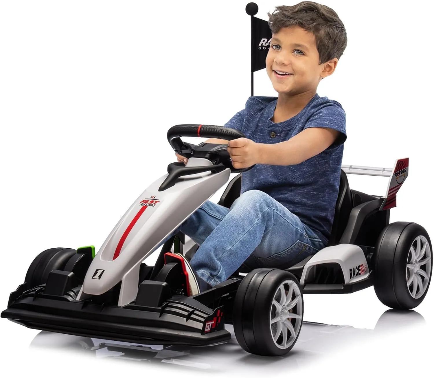 24V Kids Ride on Go Kart, 7.5mph Variable High Speed Drifting Car, 7ah Battery 200W*2 Motors,Length Ajustable Max Load 135lbs, Power Display Racing Toy for for Kids Child 6 ,White