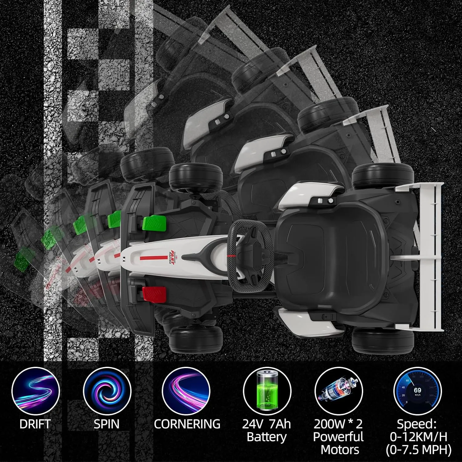 24V Kids Ride on Go Kart, 7.5mph Variable High Speed Drifting Car, 7ah Battery 200W*2 Motors,Length Ajustable Max Load 135lbs, Power Display Racing Toy for for Kids Child 6 ,White