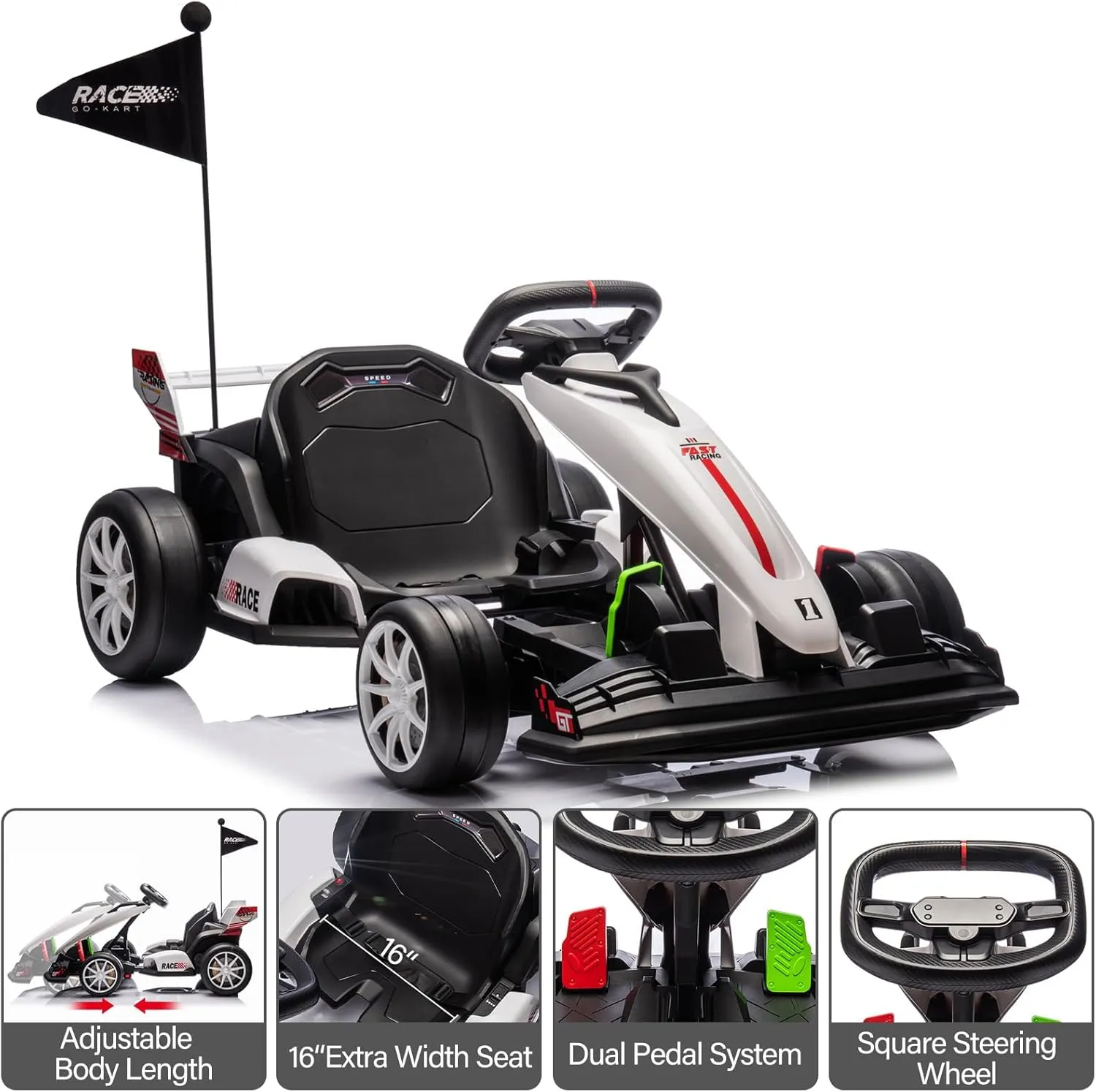 24V Kids Ride on Go Kart, 7.5mph Variable High Speed Drifting Car, 7ah Battery 200W*2 Motors,Length Ajustable Max Load 135lbs, Power Display Racing Toy for for Kids Child 6 ,White
