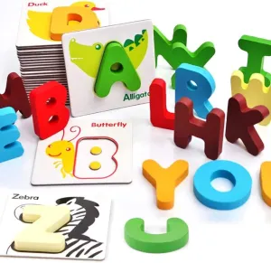 26Pcs Wooden Letters Card Numbers Alphabets ABC Flash Cards Set Montessori Animal Color Cognition Matching Puzzle Game