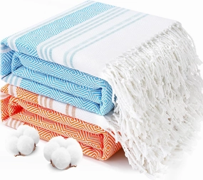 2 Packs Oversized Cotton Turkish Beach Towels Set Bulk 74"x38" Extra Large Sand Free Quick Dry Clearance Swim Bath Camping Pool Towel Travel Blanket Adult Cruise Essentials Accessories Orange Blue