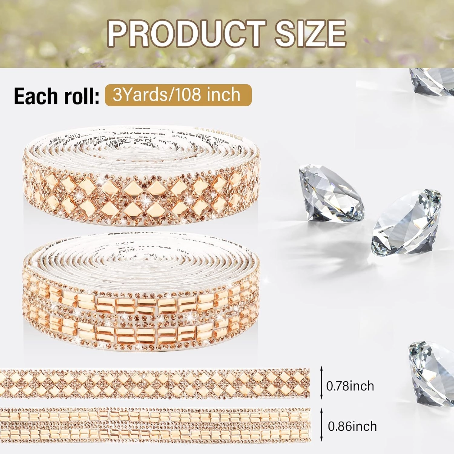2 Rolls Self Adhesive Crystal Rhinestone Diamond Ribbon 2 Styles 6 Yards Gold Bling Resin Rhinestones Ribbons Sticker Glitter Rhinestones Gem Stickers for DIY Art Crafts Car Phone Gift Decoration