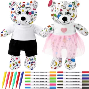 2pcs Kids Doodle Stuffed Animals 14" Coloring Plush Bears with 12 Washable Markers and 6 Mini Markers for Coloring Kid Drawing DIY Crafts Classroom Prize Art Gifts
