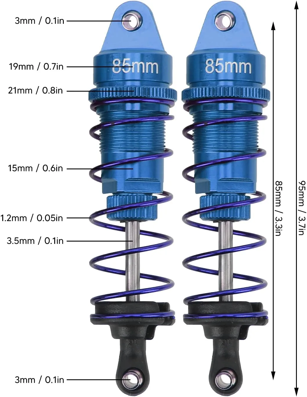 2Pcs RC Car Shock Absorber,Aluminum Alloy Adjustable 85mm RC Shock Absorber Damper,Rust Prevention RC Car Spring Damper for 1/10 RC Car(Blue)