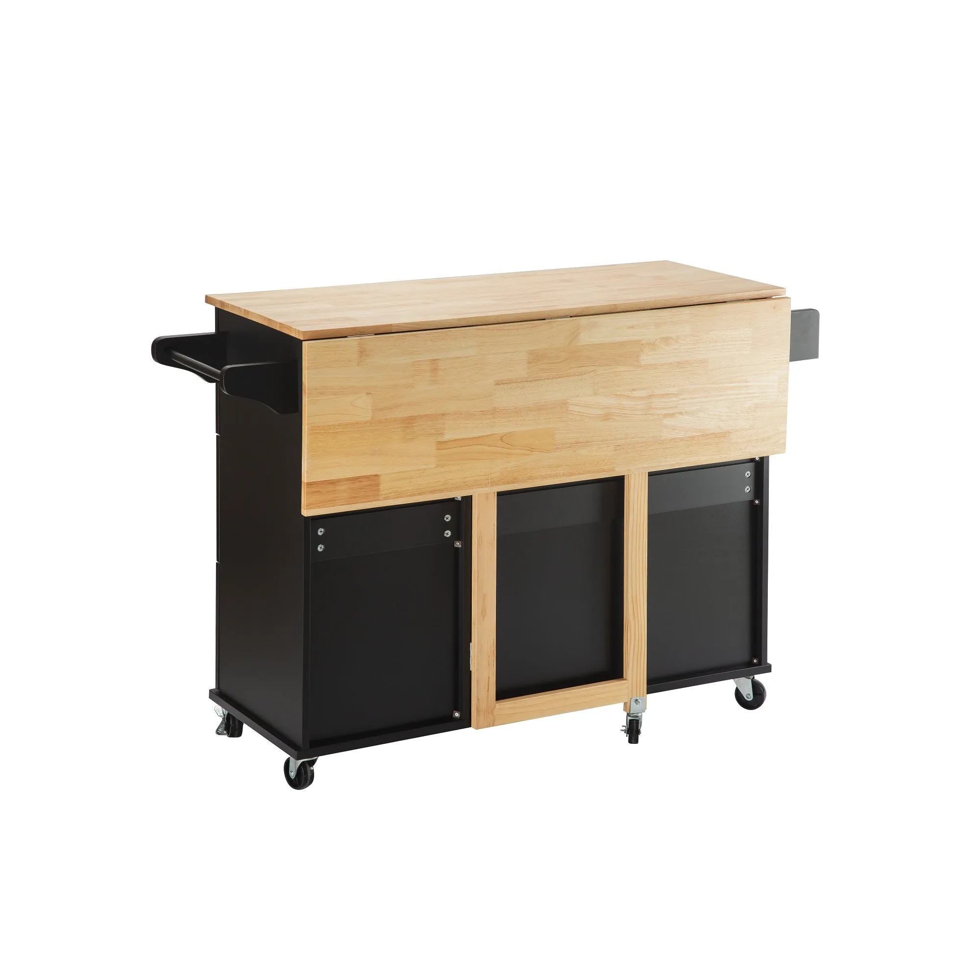 3 Drawers Rubber Wooden Top Utility Kitchen Cart with Adjustable Shelf- Black