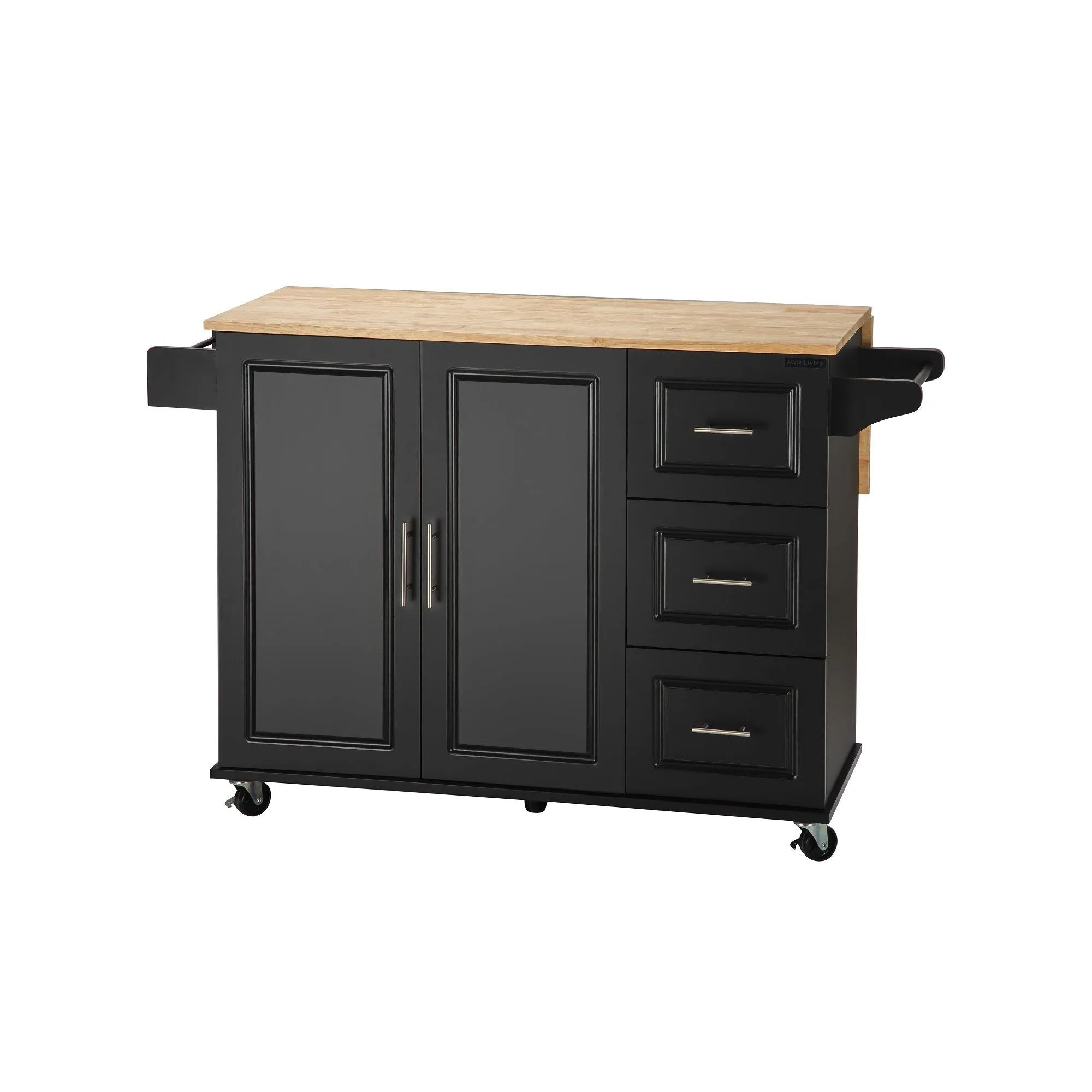 3 Drawers Rubber Wooden Top Utility Kitchen Cart with Adjustable Shelf- Black