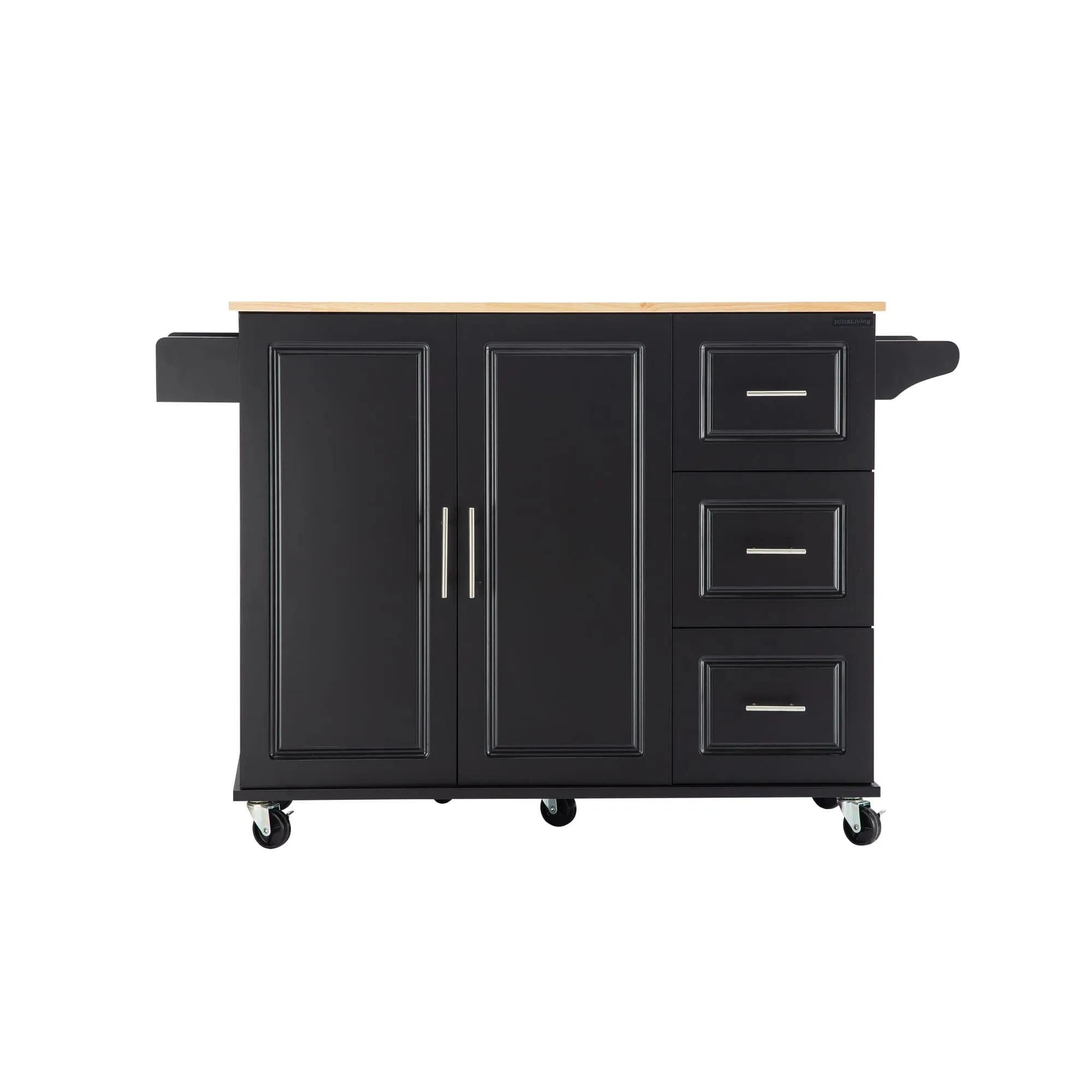 3 Drawers Rubber Wooden Top Utility Kitchen Cart with Adjustable Shelf- Black