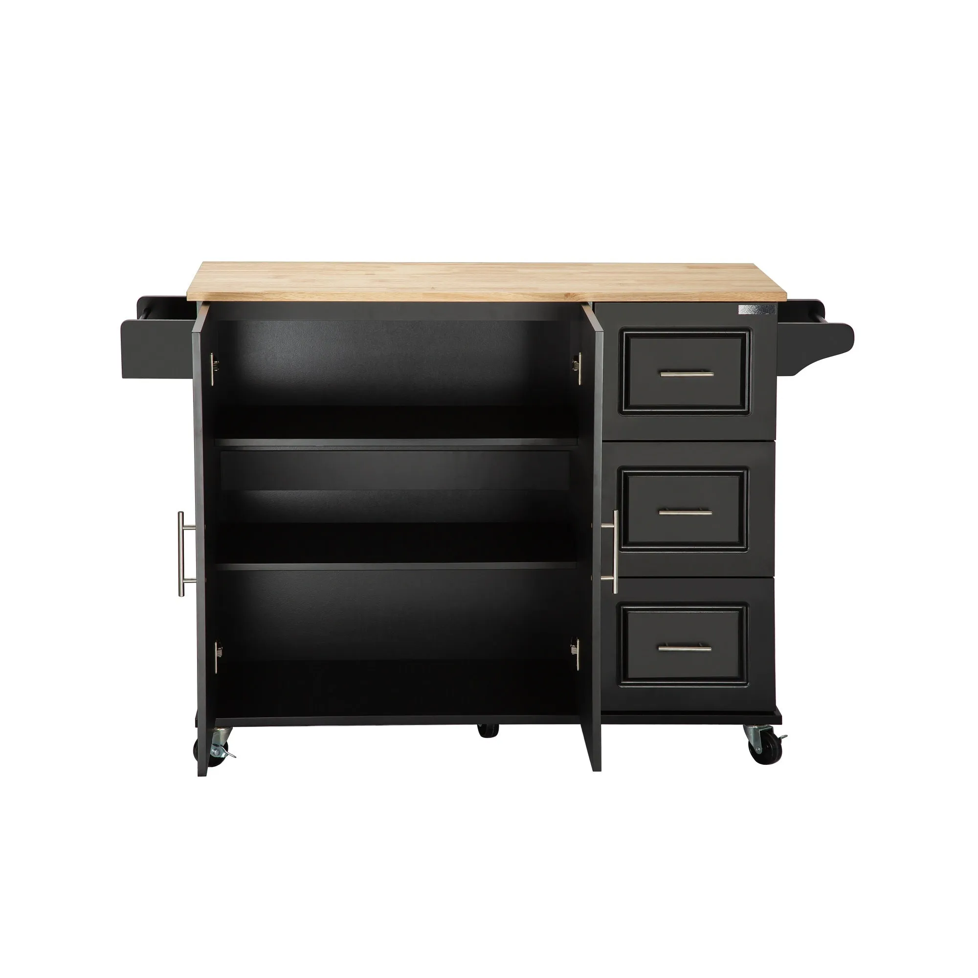 3 Drawers Rubber Wooden Top Utility Kitchen Cart with Adjustable Shelf- Black