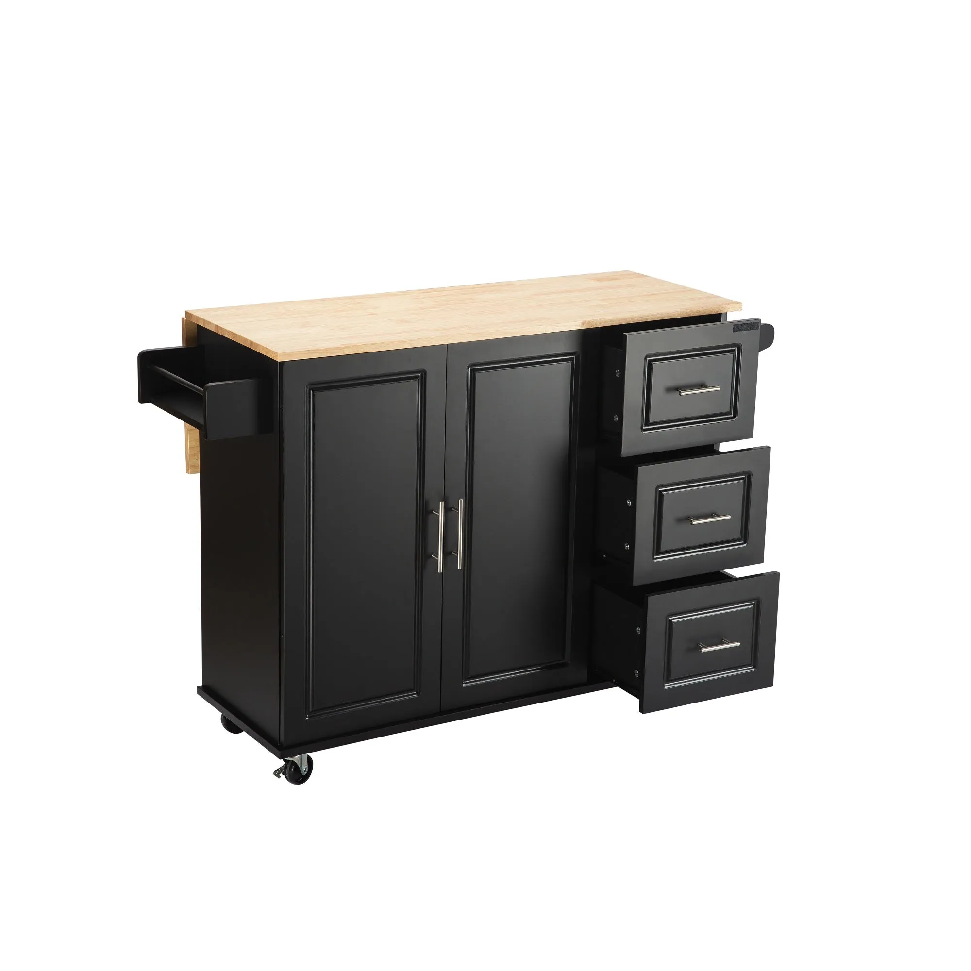 3 Drawers Rubber Wooden Top Utility Kitchen Cart with Adjustable Shelf- Black